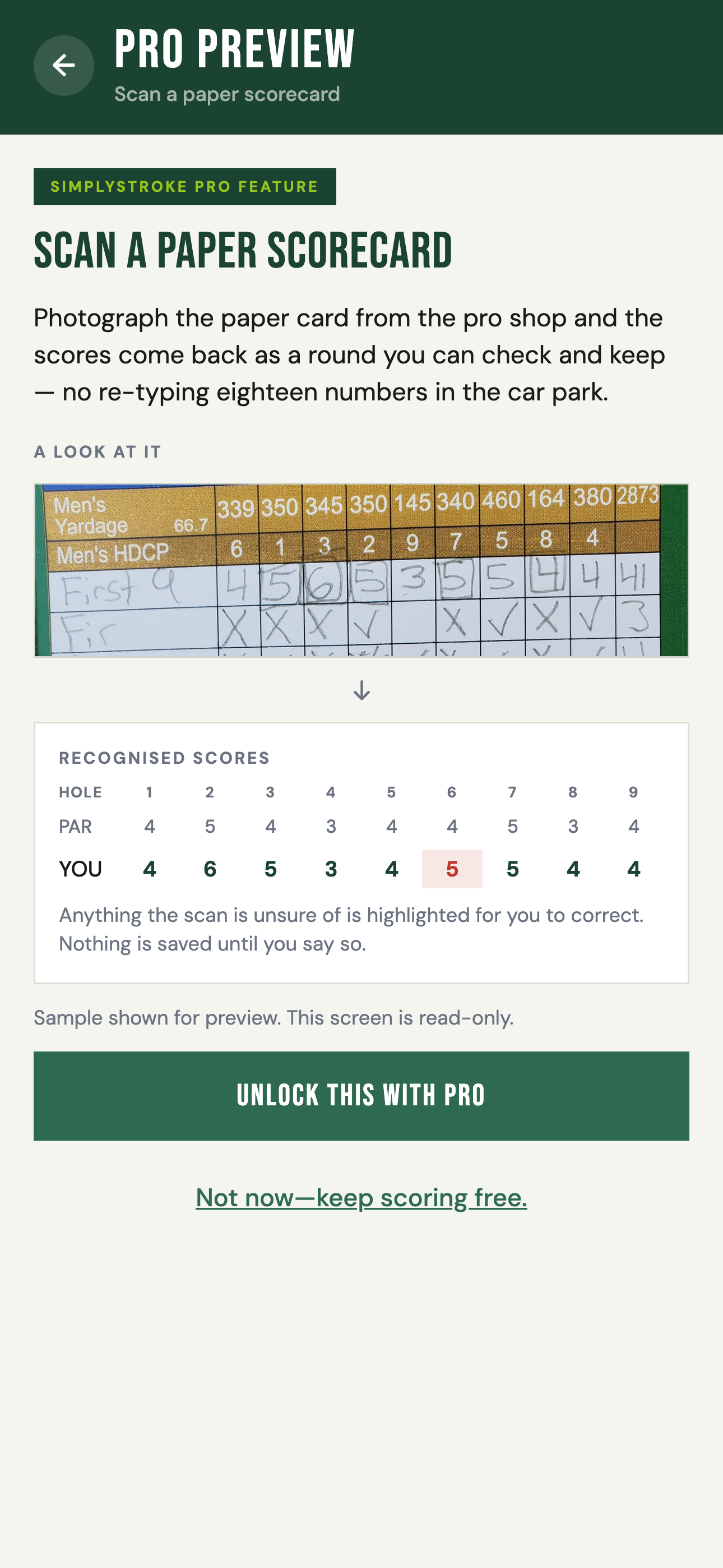 SimplyStroke Pro preview showing a real photographed paper scorecard becoming recognized scores